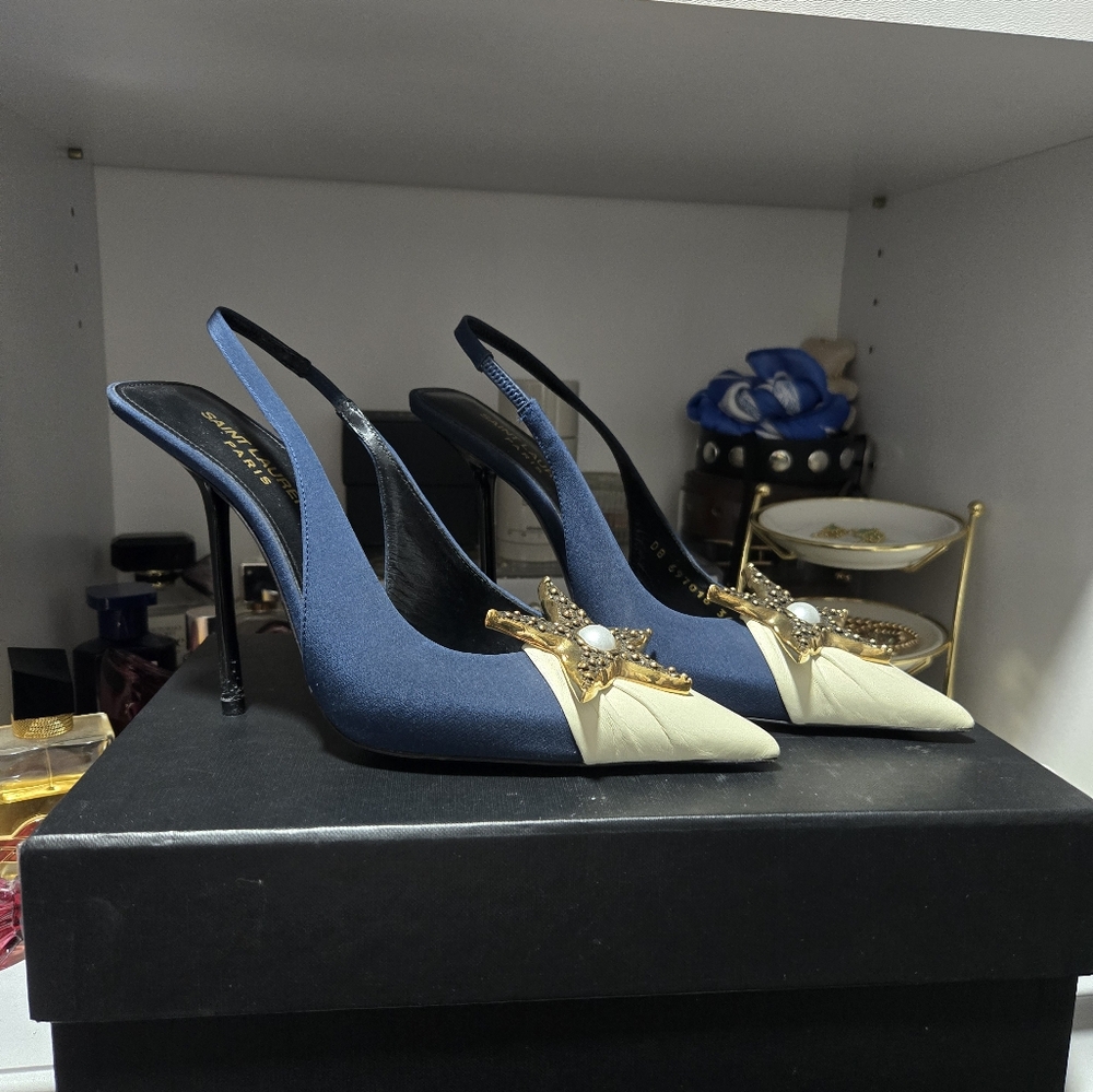 YSL Elegant Blue and Cream Slingback Heels